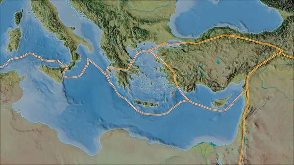 Tectonic plates borders on the topographic map of areas adjacent to the Aegean Sea plate area. Van der Grinten I projection (oblique transformation). 3D illustration