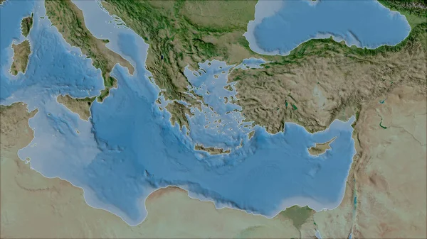 Van Der Grinten I投影 斜变换 卫星A地图上爱琴海板块的邻域 生复合材料 没有轮廓 3D插图 — 图库照片