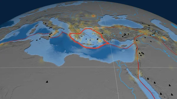 Egeïsche Zee Tektonische Plaat Geschetst Wereldbol Topografie Bathymetrie Gekleurde Hoogte — Stockfoto