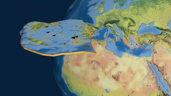 Placa Tectónica Mar Egeu Extrudida Apresentada Contra Globo Mapa Topográfico — Fotografia de Stock