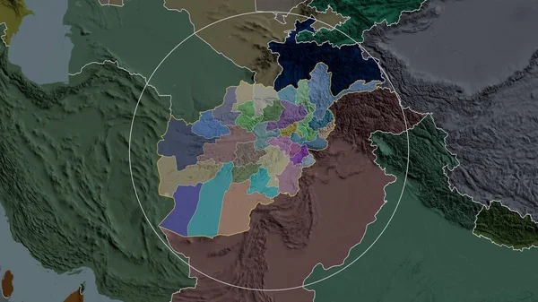 Afghanistan zoomed and circled. Colored and bumped map of the administrative division. 3D rendering