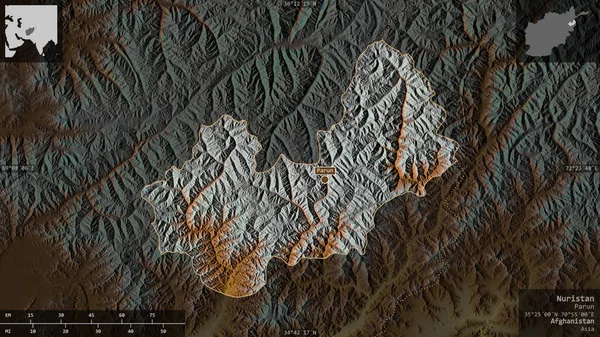 Nuristan, Afganistan vilayeti. Göller ve nehirlerle renkli rahatlama. Ülke alanına karşı bilgilendirici örtülerle sunulan şekil. 3B görüntüleme