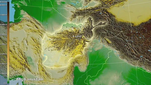 阿富汗地区内具有图例的立体投影的物理地图 主要构成部分 — 图库照片