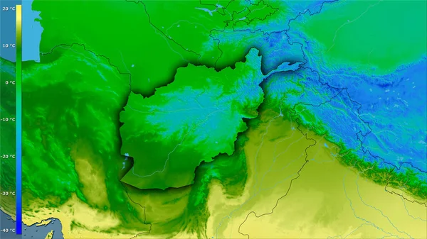 阿富汗地区内立体图投影中最冷部分的平均温度 深色发光轮廓光栅层的原始成分 — 图库照片