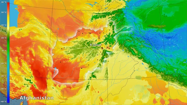 阿富汗地区内带有图例的立体投影中最暖四分之一的平均温度 主成分 — 图库照片