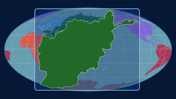 Увеличенный Вид Афганистана Перспективными Линиями Против Глобальной Карты Проекции Моллвейда — стоковое фото