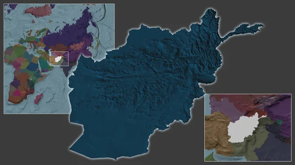 阿富汗的近景及其在该区域的位置 以及在一个大比例尺世界地图中心的位置 行政区划的彩色地图 — 图库照片