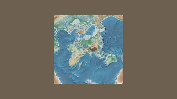 Square frame of the large-scale map of the world in an oblique Van der Grinten projection centered on the territory of Afghanistan. Color physical map