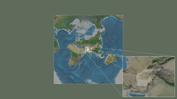 世界の大規模な地図から抽出されたアフガニスタンの拡大拡大された領域と フレームの隅を結ぶ主要な線 衛星画像 — ストック写真