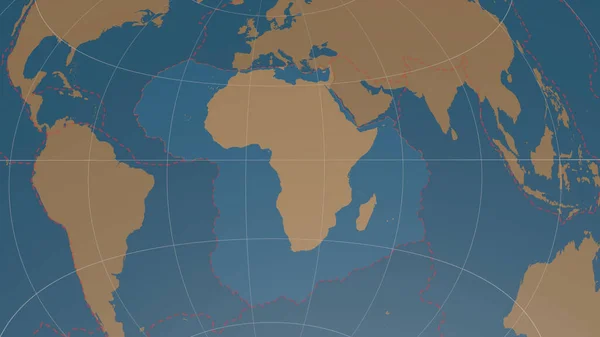 非洲板块仅概述了全球形状 带斑纹板块边界的阿齐穆塔尔等距投影中的陆地 海洋掩模 3D渲染 — 图库照片