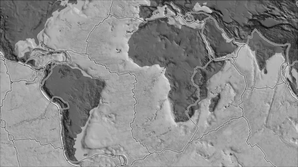 Tektonik plakalar, Afrika plaka alanına komşu bölgelerin bilek yüksekliği haritasında yer almaktadır. Van der Grinten I yansıması (eğik dönüşüm)