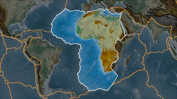Obrys Africké Tektonické Desky Reliéfní Mapě Oddělené Odtučněním Přilehlých Oblastí — Stock fotografie