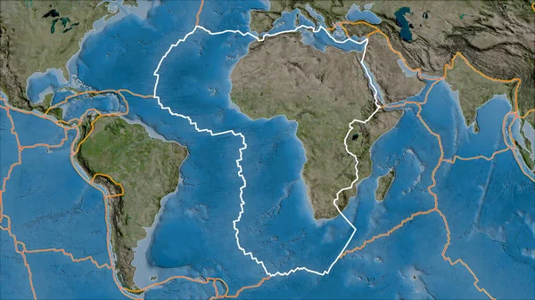 Placa Tectónica Africana Delineada Bordes Placas Adyacentes Mapa Satélite Proyección — Foto de Stock