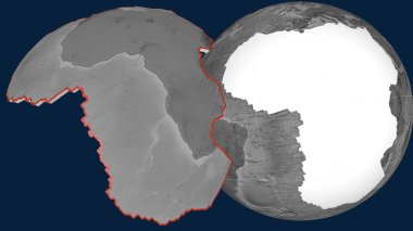 Afrika tektonik plakası dışarı çıktı ve dünyaya karşı sunuldu. Gri tonlama yükseklik haritası. 3B görüntüleme