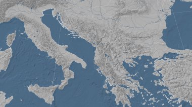 Arnavutluk ve mahallesi. Uzak eğimli perspektif - özet yok. Gri tonlama yükseklik haritası