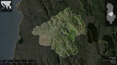 Elbasan, Arnavutluk Eyaleti. Uydu görüntüleri. Ülke alanına karşı bilgilendirici örtülerle sunulan şekil. 3B görüntüleme