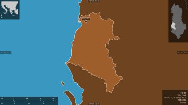 Fier, Arnavutluk Bölgesi. Gölleri ve nehirleri olan katı yapılar. Ülke alanına karşı bilgilendirici örtülerle sunulan şekil. 3B görüntüleme