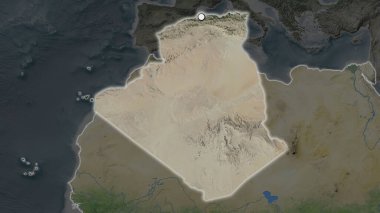 Cezayir 'in vurgulanmış bölgesi. Mahallesinin doyumsuz haritasında sermaye noktası var. Uydu görüntüleri