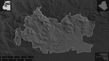 Tissemsilt, province of Algeria. Grayscaled map with lakes and rivers. Shape presented against its country area with informative overlays. 3D rendering
