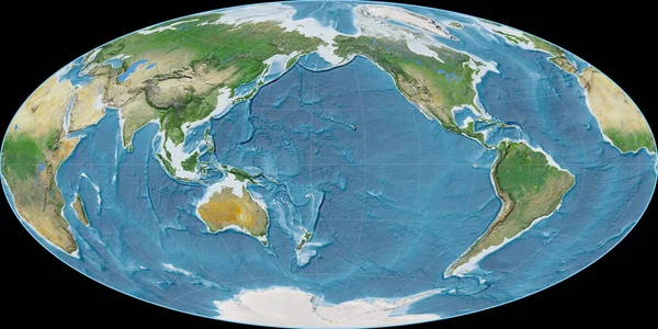 Světová Mapa Aitoffově Projekci Soustředila 170 Západní Délky Satelitní Snímky — Stock fotografie