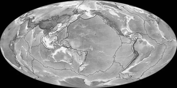 170西の経度を中心としたアイトフ予測の世界地図 グレースケール標高マップ 粒状プレートと地殻プレートの境界とラスターの複合体 3Dイラスト — ストック写真