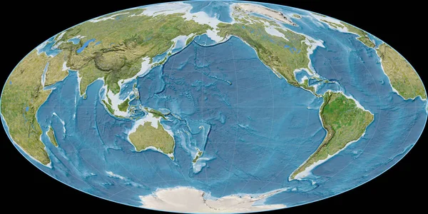 Mappa Del Mondo Nella Proiezione Aitoff Centrata 170 Longitudine Ovest — Foto Stock