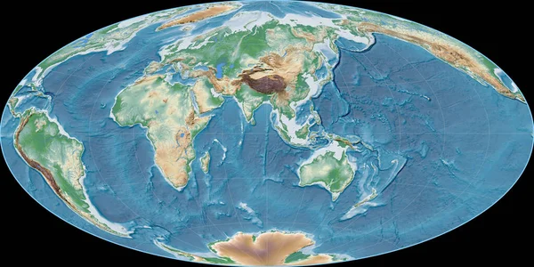 World Map Aitoff Projection Centered East Longitude Colored Shader Elevation — Stock Photo, Image