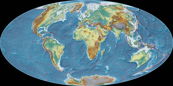 Mapa Del Mundo Proyección Aitoff Centrado Longitud Este Mapa Topográfico — Foto de Stock