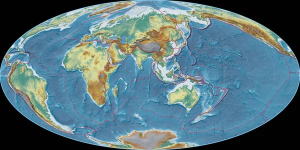 Mapa Del Mundo Proyección Aitoff Centrado Longitud Este Mapa Topográfico — Foto de Stock