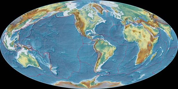 西の経度90を中心としたアイトフ予測の世界地図 地形リリーフマップ 粒状プレートとテクトニックプレートの境界とラスターの複合体 3Dイラスト — ストック写真