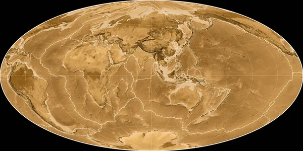 Světová Mapa Aitoffově Projekci Soustředila Východní Délky Sepia Barevná Mapa — Stock fotografie