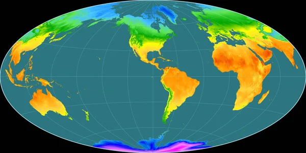埃托夫投影中的世界地图以西经90度为中心 平均年温度图 具有满意性能的栅格原料复合材料 3D插图 — 图库照片