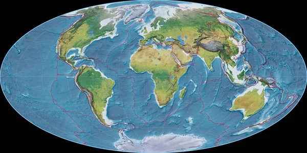 11東経を中心としたアイトフ予測の世界地図 主な写真地形の特徴 格子プレートと地殻プレートの境界とラスターの複合体 3Dイラスト — ストック写真