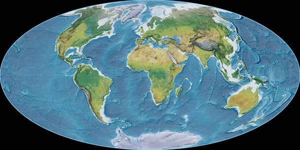 Mapa Del Mundo Proyección Aitoff Centrado Longitud Este Características Principales —  Fotos de Stock