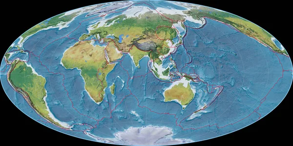 Карта Мира Проекции Айтоффа Сосредоточена Восточной Долготе Основные Физиографические Особенности — стоковое фото