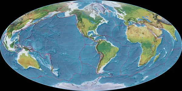 Карта Мира Проекции Айтоффа Сосредоточена Западной Долготе Основные Физиографические Особенности — стоковое фото