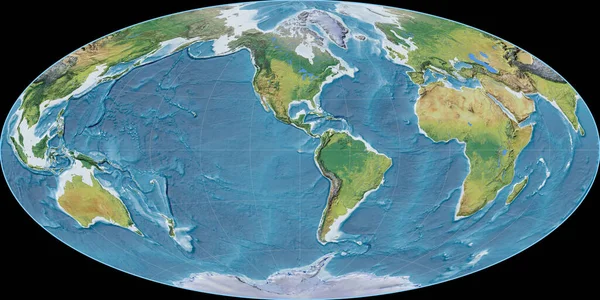 Světová Mapa Aitoffově Projekci Soustředila Západní Délky Hlavní Fyziografické Krajinné — Stock fotografie