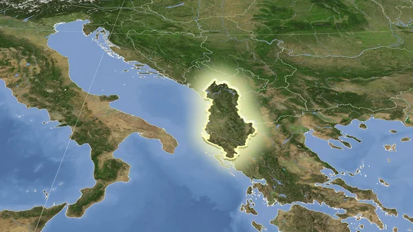 アルバニアとその周辺 遠くの斜めの視点 形状が光った 衛星画像 — ストック写真