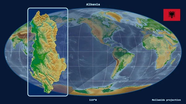 Přiblížený Pohled Albánii Perspektivními Liniemi Proti Globální Mapě Mollweidově Projekci — Stock fotografie