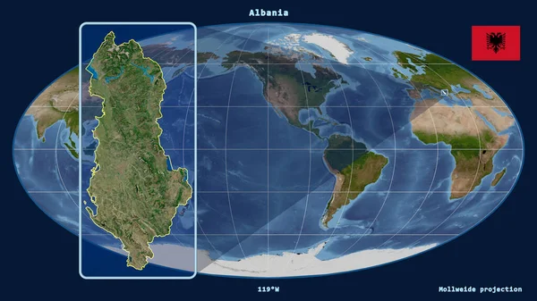 Vergrößerte Ansicht Albaniens Mit Perspektivischen Linien Gegen Eine Weltkarte Der — Stockfoto