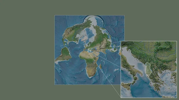 アルバニアの拡大 拡大地域は世界の大規模地図から抽出され フレームの角を結ぶ主要な線で構成されている 衛星画像 — ストック写真