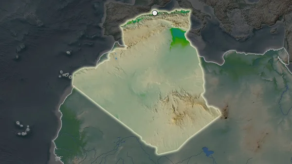 阿尔及利亚的重点地区 首都位于其邻近地区的荒凉地图上 彩色物理图 — 图库照片