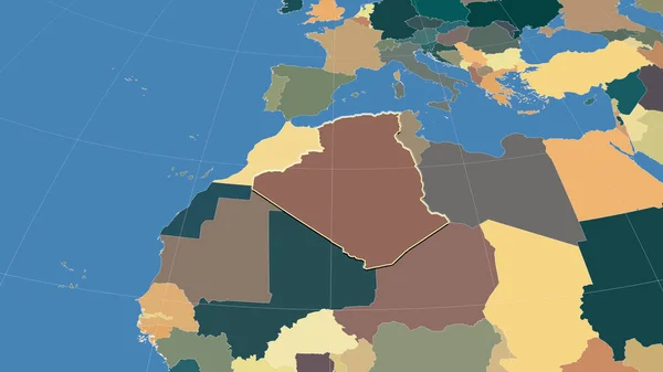 阿尔及利亚及其邻国 远斜透视 轮廓轮廓 行政区划的彩色地图 — 图库照片