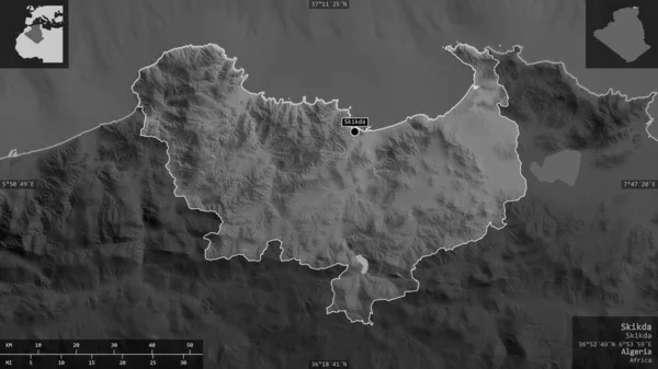 Skikda Provincia Argelia Mapa Escala Grises Con Lagos Ríos Forma — Foto de Stock