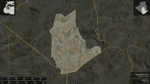 Tamanghasset Alžírsko Satelitní Snímky Tvar Prezentovaný Venkově Informativními Překryvy Vykreslování — Stock fotografie