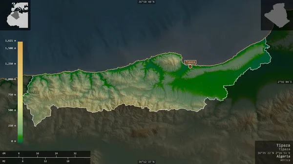 Tipaza Provincia Argelia Datos Sombreado Colores Con Lagos Ríos Forma — Foto de Stock