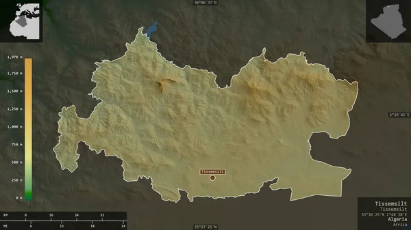 アルジェリアのティッセムシルト州 湖や川と色シェーダーデータ 有益なオーバーレイとその国の領域に対して提示形状 3Dレンダリング — ストック写真