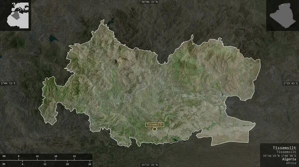 アルジェリアのティッセムシルト州 衛星画像 有益なオーバーレイとその国の領域に対して提示形状 3Dレンダリング — ストック写真