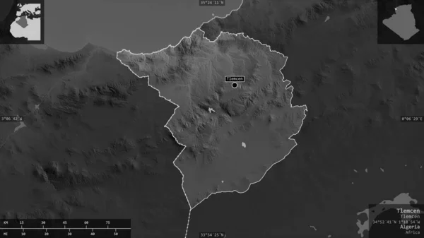 Tlemcen Provincia Argelia Mapa Escala Grises Con Lagos Ríos Forma — Foto de Stock