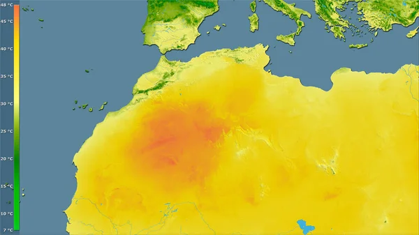 伝説のある立体投影におけるアルジェリア地域内で最も暖かい月の最高温度 ラスター層の生の組成 — ストック写真
